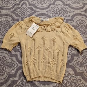 ZARA Beige Knit Sweater With Knit Collar And Floral Embroidery Size S NWT